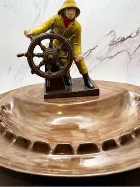 Vintage Sailor Ashtray with Ship Wheel Accent - Yellow Coat